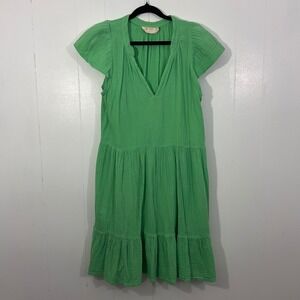 Nation LTD Green Cotton Gauze Tiered Mini Dress V-Neck Flutter Sleeve M 5203DG